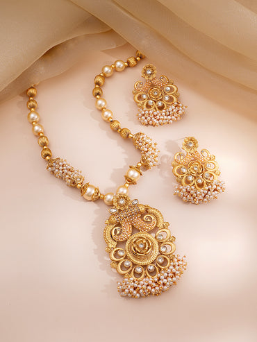 Pearl beaded Kundan Long Necklace Set