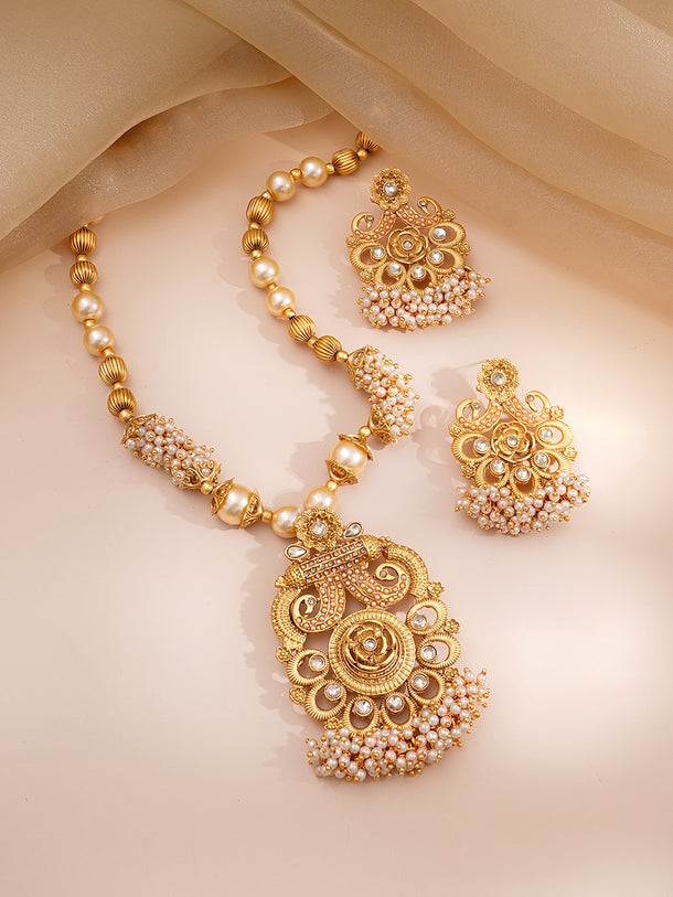 Pearl beaded Kundan Long Necklace Set