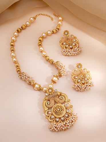 Pearl beaded Kundan Long Necklace Set