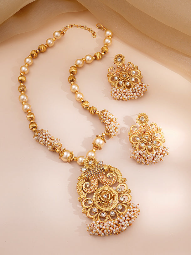 Pearl beaded Kundan Long Necklace Set