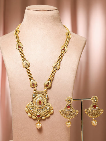 Red & White Studded Gold Beads Necklace Set