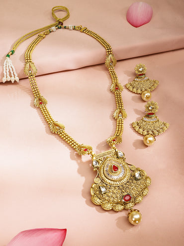 Red & White Studded Gold Beads Necklace Set