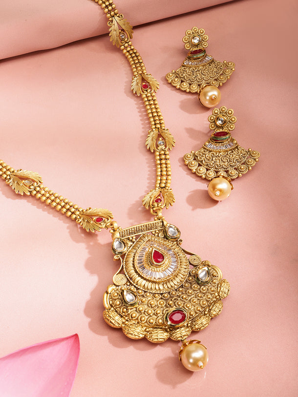 Red & White Studded Gold Beads Necklace Set
