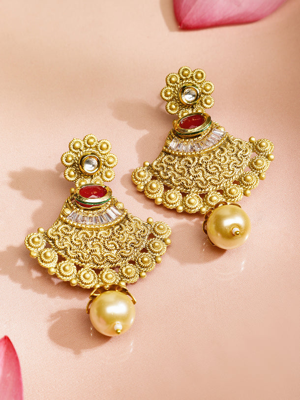 Red & White Studded Gold Beads Necklace Set