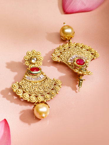 Red & White Studded Gold Beads Necklace Set