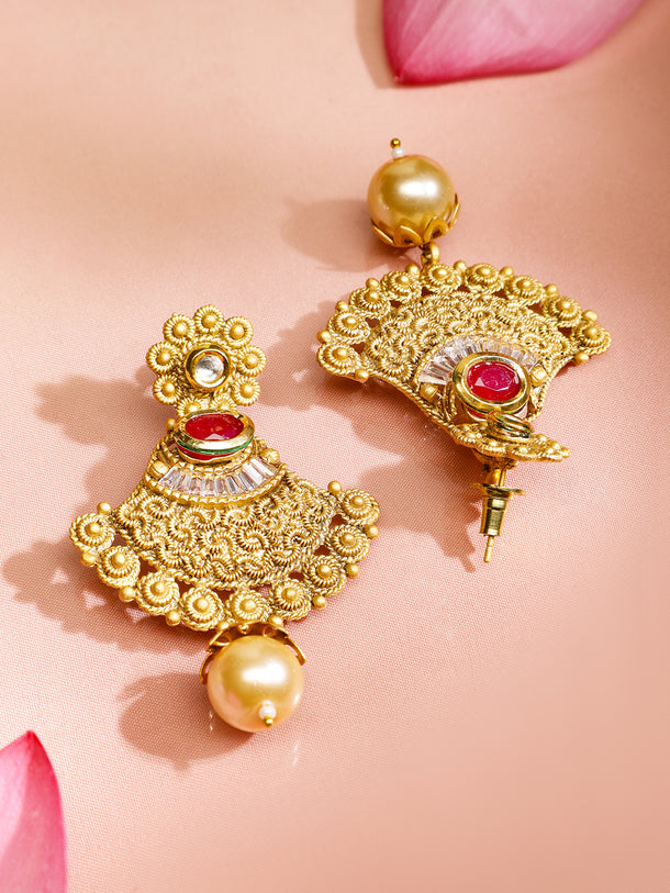 Red & White Studded Gold Beads Necklace Set