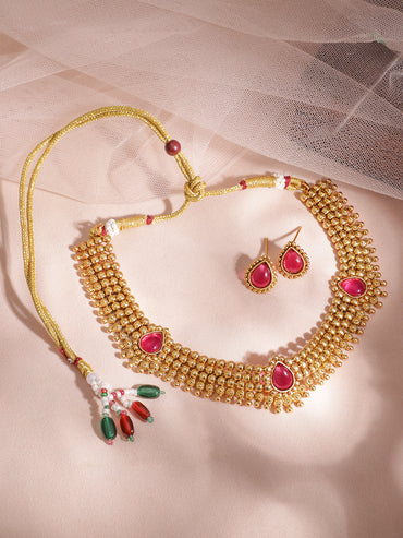 Gold-Tone Ruby Red Studded Necklace Set