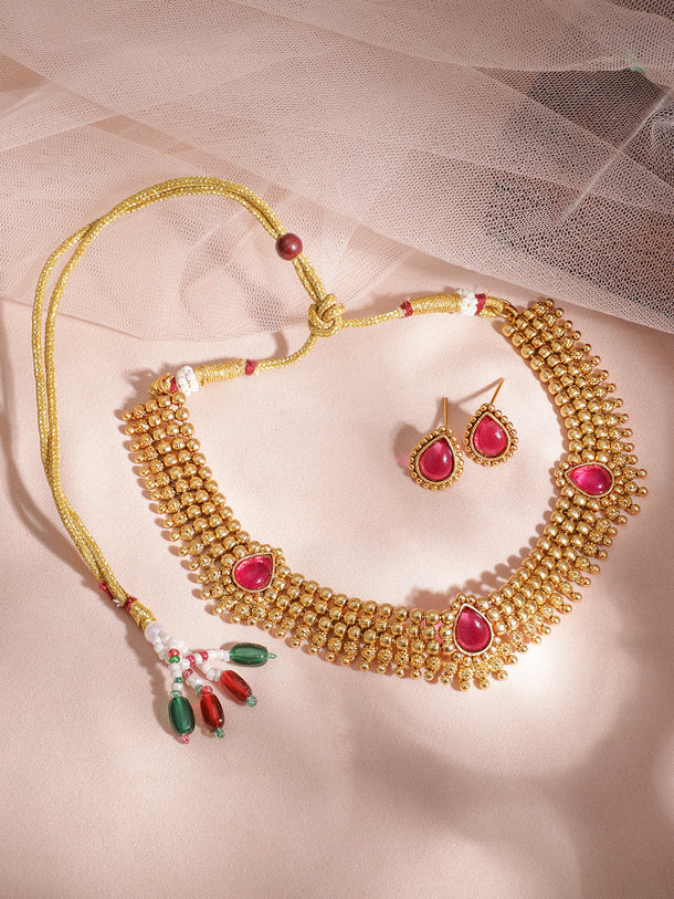 Gold-Tone Ruby Red Studded Necklace Set