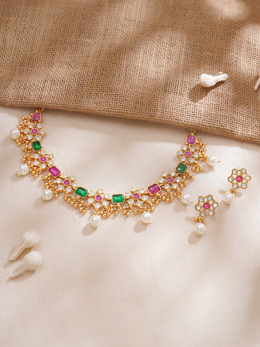 Floral Edge Necklace Set in Green Pink