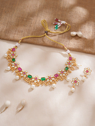 Floral Edge Necklace Set in Green Pink
