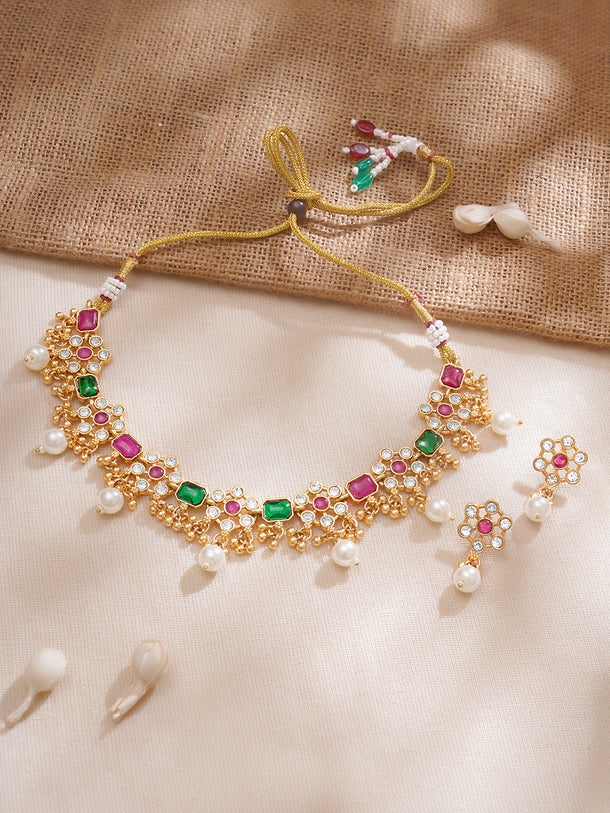 Floral Edge Necklace Set in Green Pink