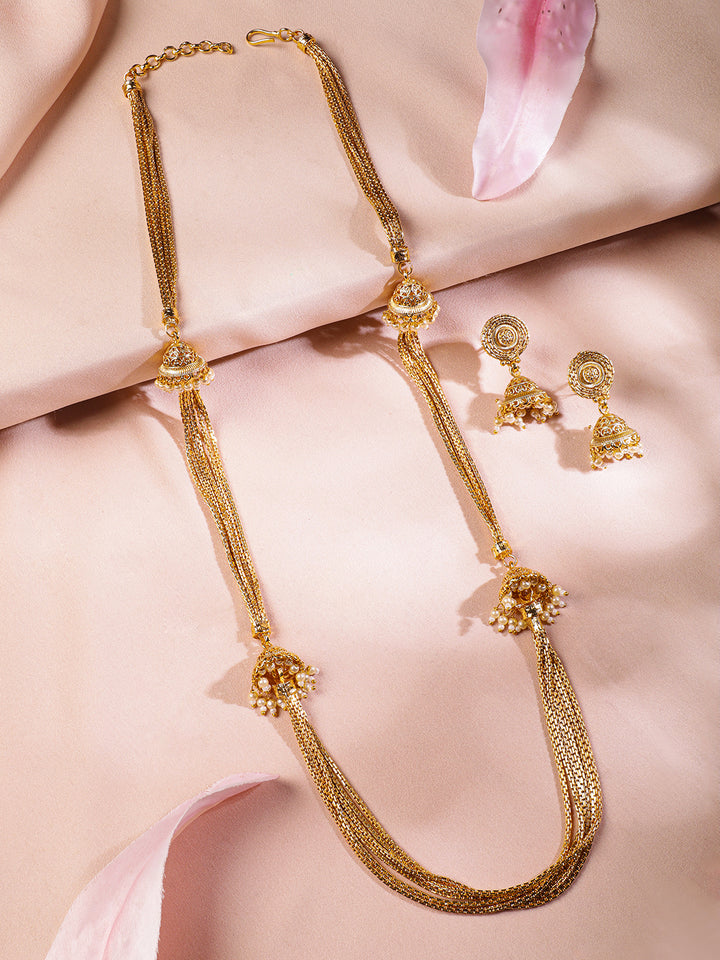 Rubans 22K Gold-Plated Multi-Strand Traditional Necklace Set with Jhumka Accents