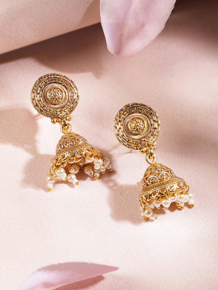 Rubans 22K Gold-Plated Multi-Strand Traditional Necklace Set with Jhumka Accents