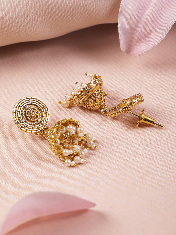 Rubans 22K Gold-Plated Multi-Strand Traditional Necklace Set with Jhumka Accents