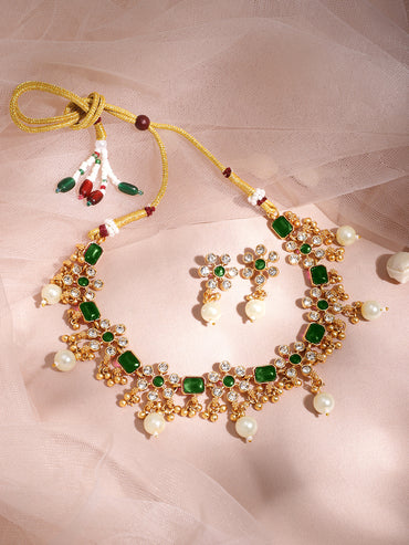 Floral Theme Kundan Green Necklace Set