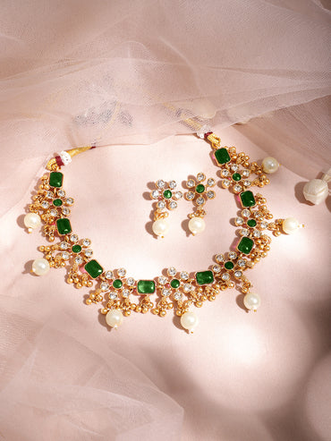 Floral Theme Kundan Green Necklace Set