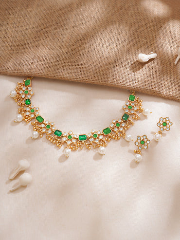 Floral Theme Kundan Green Necklace Set