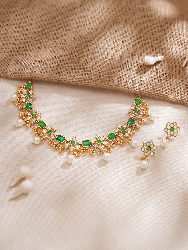 Floral Theme Kundan Green Necklace Set