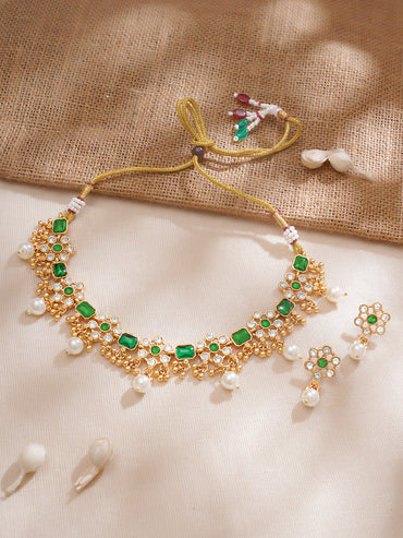 Floral Theme Kundan Green Necklace Set