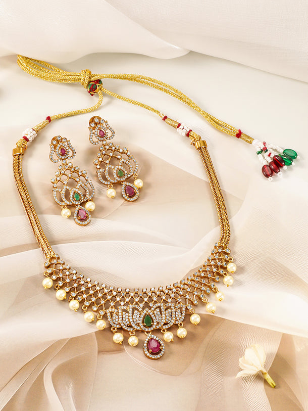 Lotus Motif American Diamond Zirconia Necklace Set