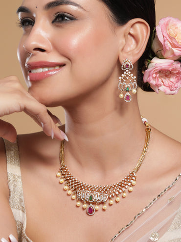 Lotus Motif American Diamond Zirconia Necklace Set