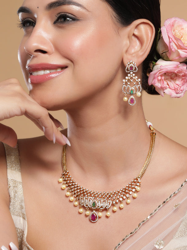 Lotus Motif American Diamond Zirconia Necklace Set