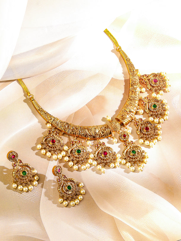 Red & Green Studded Pearl Golden Necklace Set