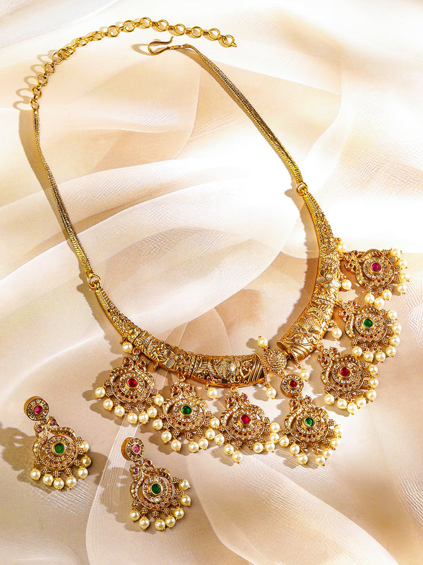 Red & Green Studded Pearl Golden Necklace Set