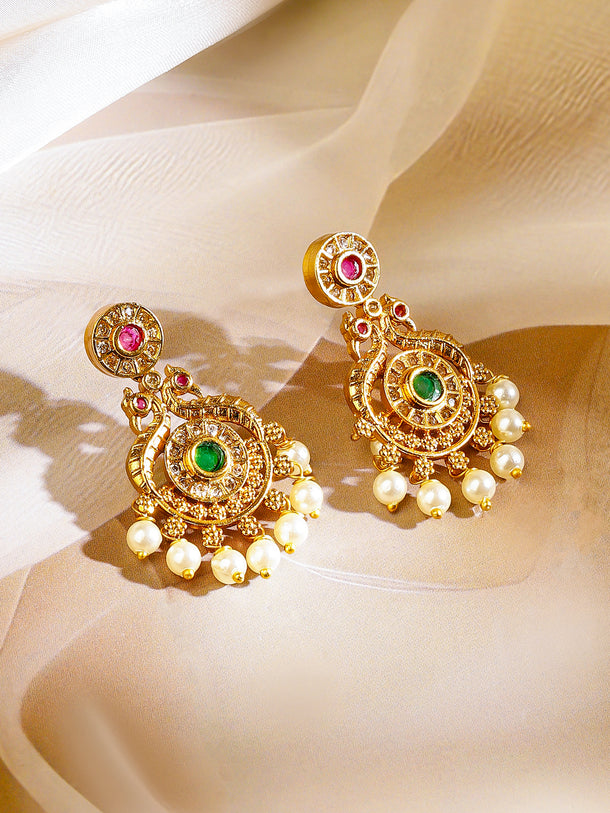 Red & Green Studded Pearl Golden Necklace Set
