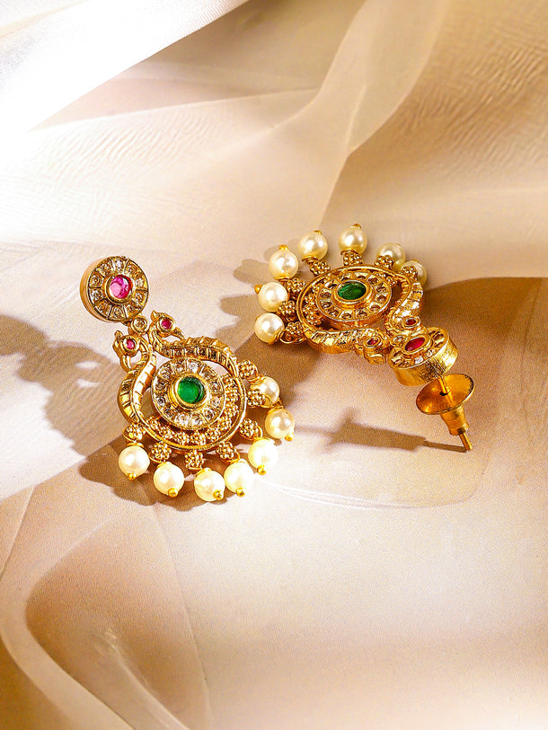 Red & Green Studded Pearl Golden Necklace Set