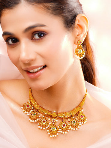 Red & Green Studded Pearl Golden Necklace Set