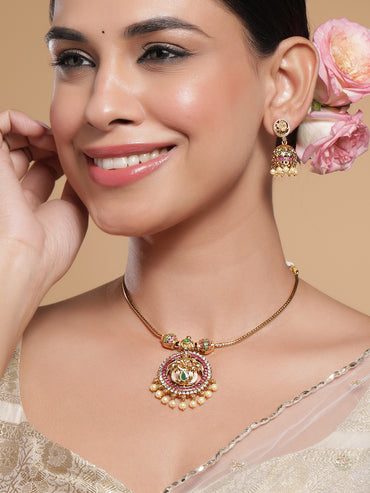 Multicolor Laxmi Motif Golden Pearl Necklace Set