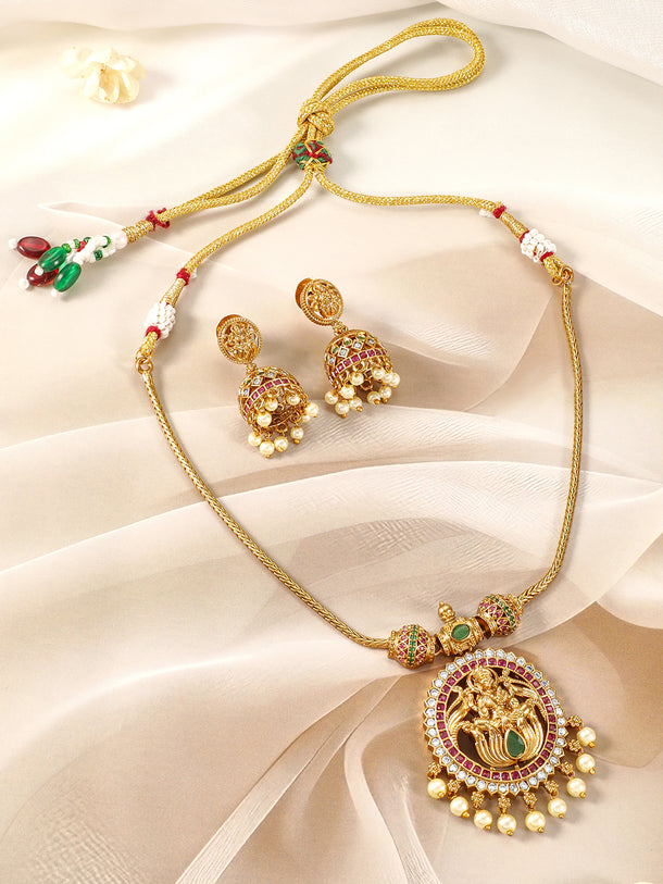 Multicolor Laxmi Motif Golden Pearl Necklace Set