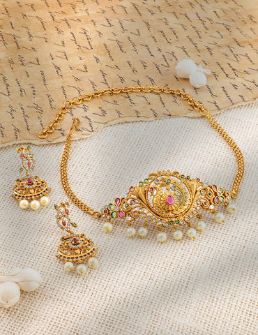 Peacock Motif Multicolor Studded Necklace Set