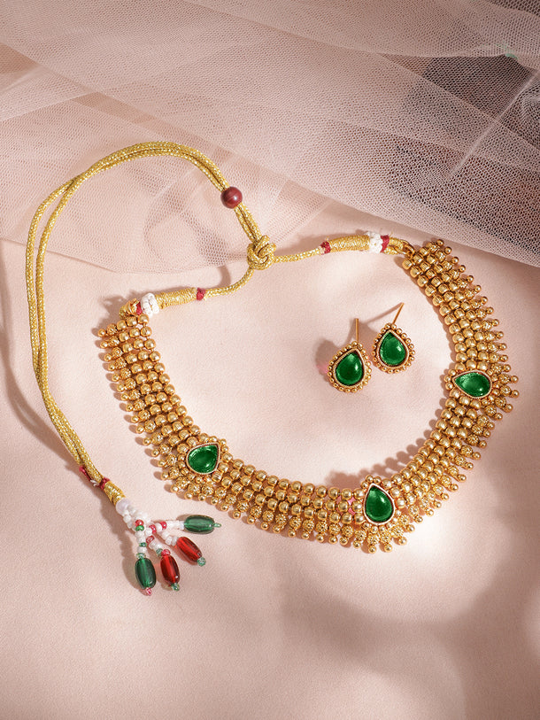 Green Studded Gold Necklace Set