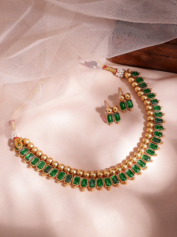 Emerald Studded Gold Beads Necklace Set