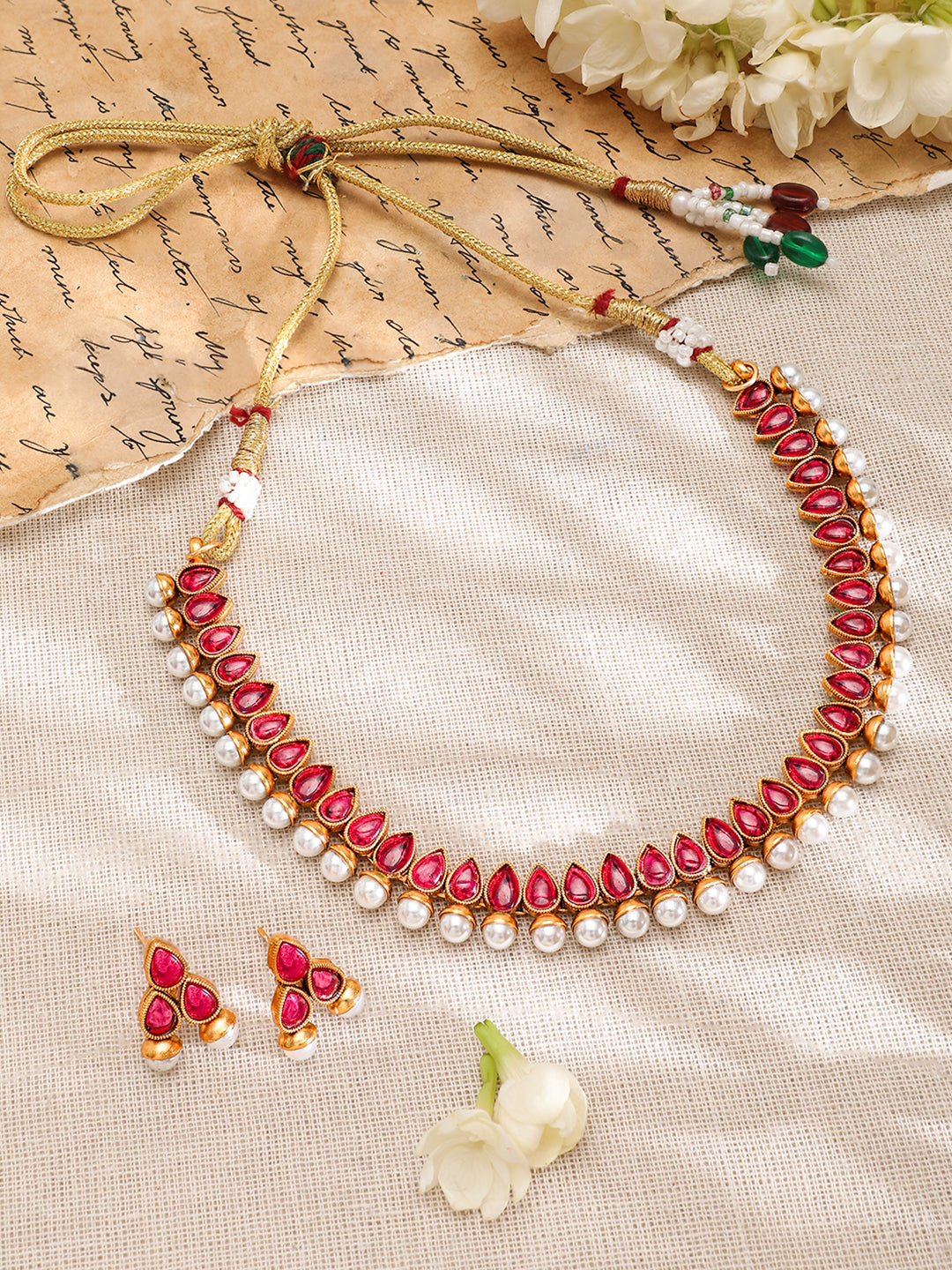 Ruby Studded Pearl Drop Necklace Set