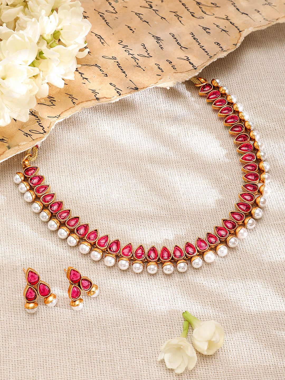 Ruby Studded Pearl Drop Necklace Set