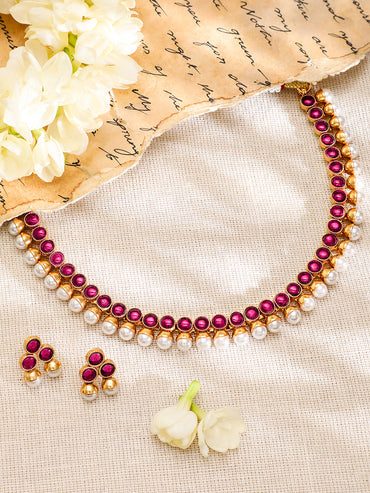 Ruby Pink Studded Pearl Beaded Necklace Set