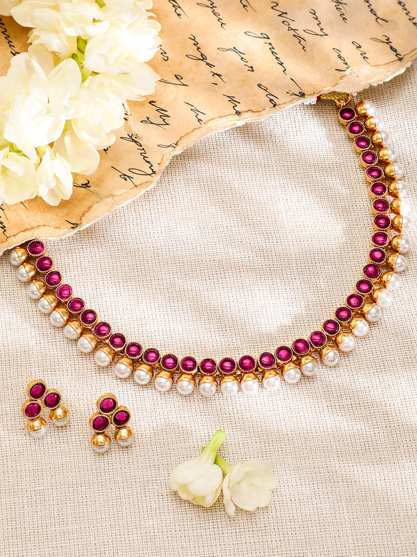 Ruby Pink Studded Pearl Beaded Necklace Set