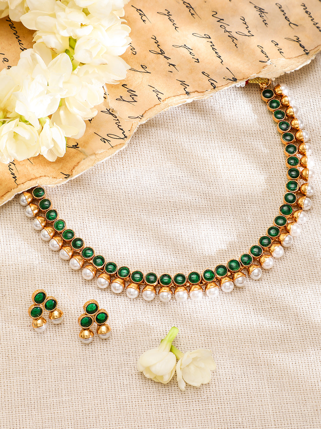 Emerald Studded Pearl Beaded Necklace Set