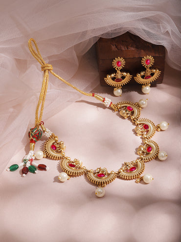 Half Moon Pearl Drop Golden Necklace Set