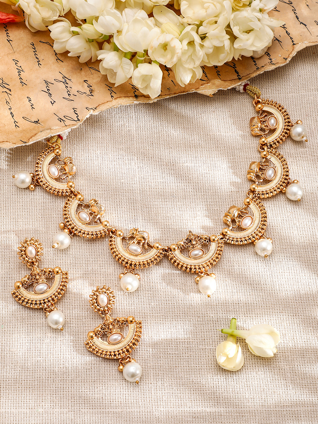 Golden Temple Necklace Set with Pearl Drops