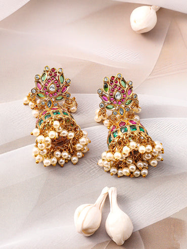 Red & Green Floral Design Studded Necklace Set