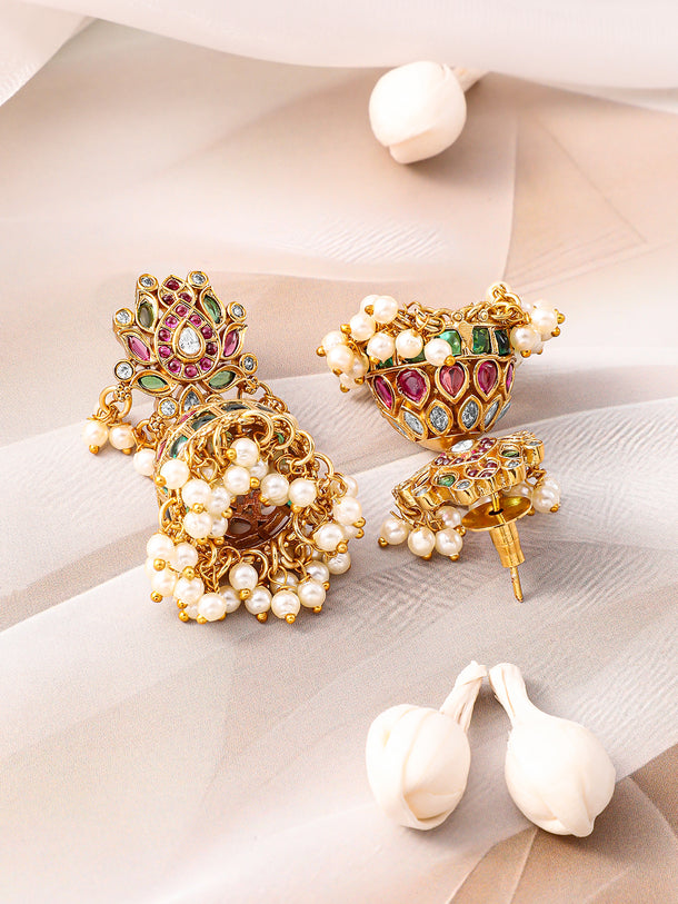 Red & Green Floral Design Studded Necklace Set