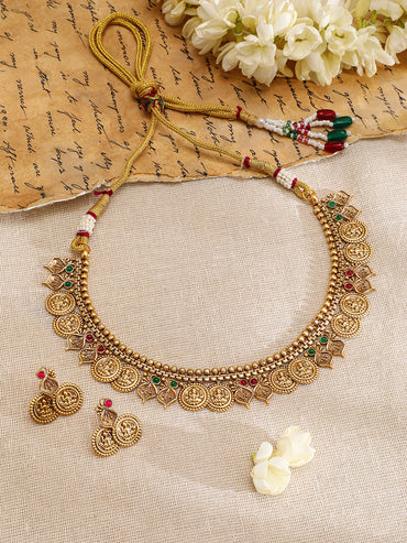 Gold Necklace Set With Laxmi Motif