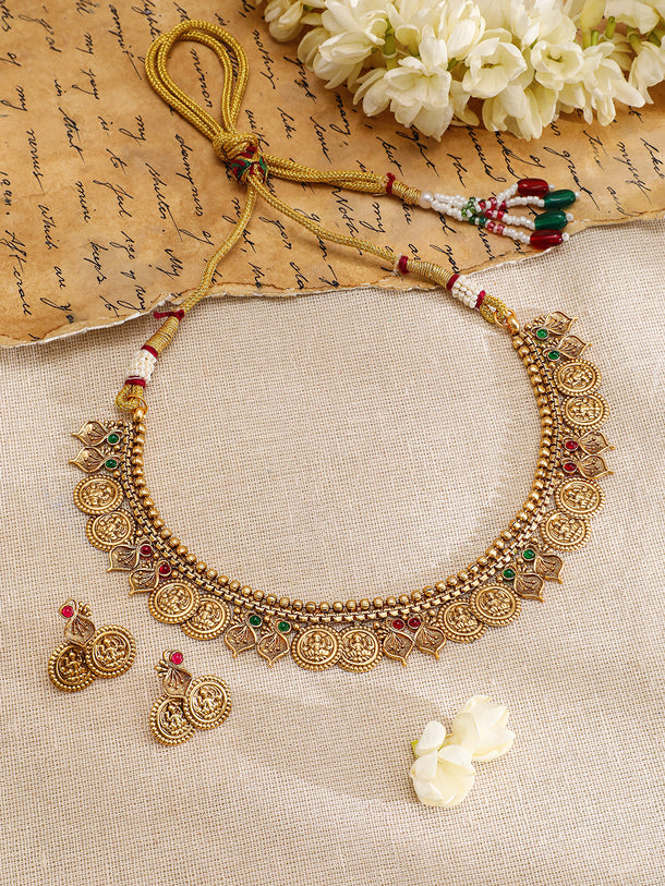 Gold Necklace Set With Laxmi Motif