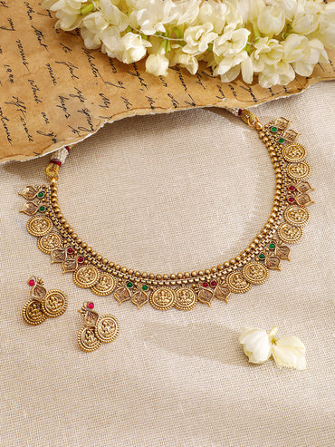 Gold Necklace Set With Laxmi Motif