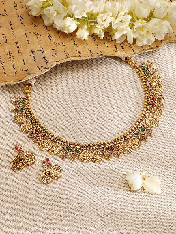 Gold Necklace Set With Laxmi Motif
