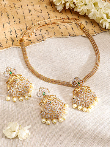 Pearl Drop American Diamond Zirconia Gold Necklace Set